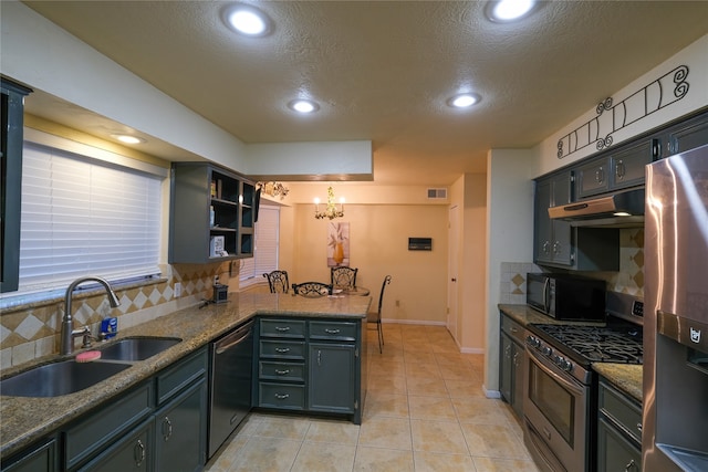 kitchen featuring backsplash, kitchen peninsula, sink, and appliances with stainless steel finishes