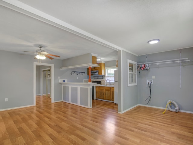 kitchen with light hardwood / wood-style flooring, sink, and ceiling fan