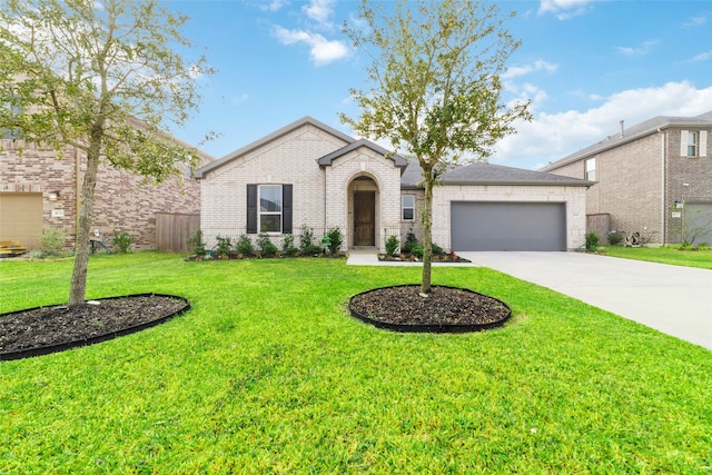 view of front of property featuring a front yard and a garage