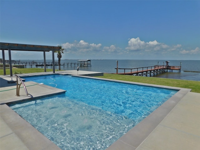 view of swimming pool featuring a patio area, a dock, a water view, and a pergola