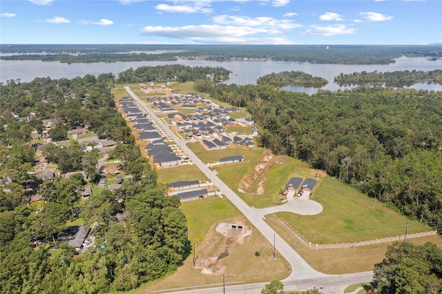 drone / aerial view with a water view