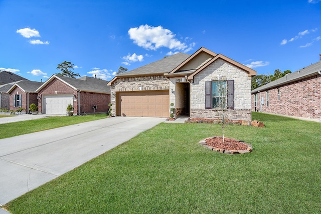 view of front of home with a front yard and a garage