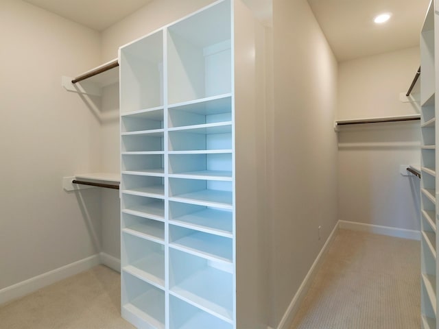 spacious closet featuring light colored carpet