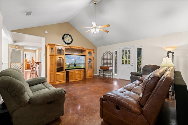 1726 Bowler Rd, Waller, TX 77484 - living area featuring high vaulted ceiling, visible vents, finished concrete flooring, a ceiling fan, and baseboards