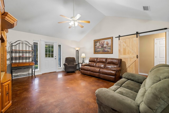 1726 Bowler Rd, Waller, TX 77484 - living area featuring a ceiling fan, a barn door, baseboards, visible vents, and concrete floors