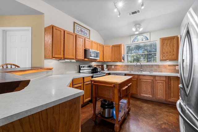 kitchen featuring lofted ceiling, kitchen peninsula, tasteful backsplash, appliances with stainless steel finishes, and sink