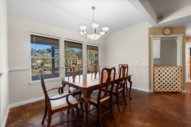 1726 Bowler Rd, Waller, TX 77484 - dining space featuring vaulted ceiling, finished concrete floors, baseboards, and an inviting chandelier