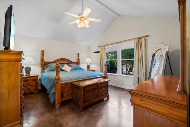 bedroom with ceiling fan, high vaulted ceiling, and beamed ceiling