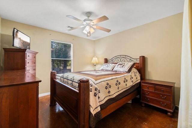 1726 Bowler Rd, Waller, TX 77484 - bedroom featuring a ceiling fan, visible vents, finished concrete flooring, and baseboards
