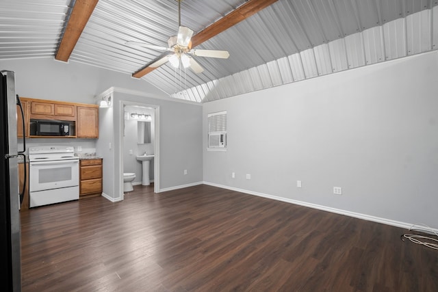 unfurnished living room featuring ceiling fan, lofted ceiling with beams, and dark hardwood / wood-style floors