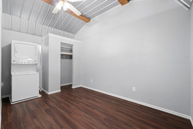 1726 Bowler Rd, Waller, TX 77484 - unfurnished bedroom featuring a ceiling fan, stacked washing maching and dryer, vaulted ceiling with beams, dark wood-style flooring, and baseboards