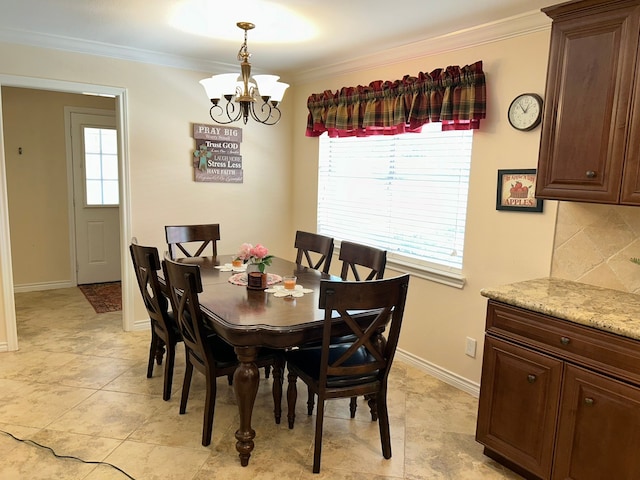 dining area with a notable chandelier, a healthy amount of sunlight, ornamental molding, and light tile patterned floors