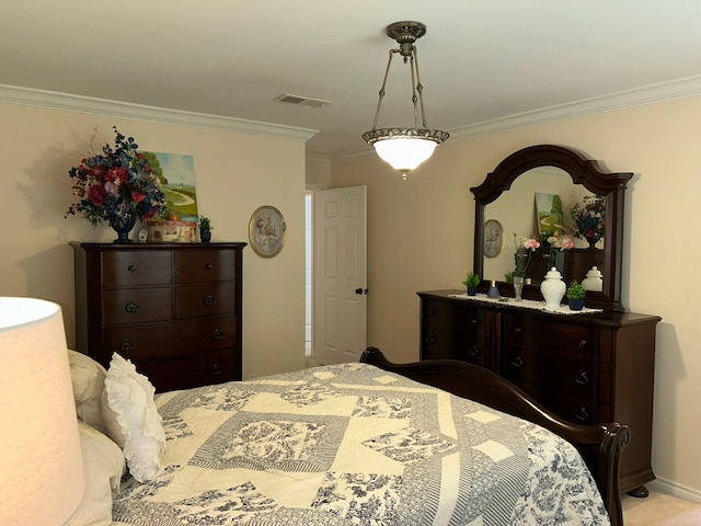 bedroom featuring light colored carpet and crown molding