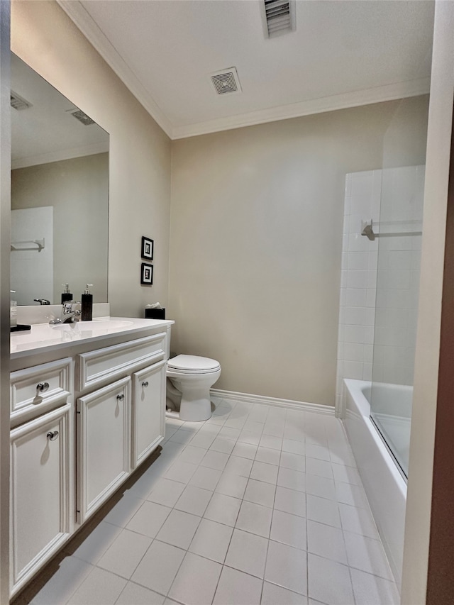 full bathroom with shower / bathing tub combination, vanity, toilet, crown molding, and tile patterned floors