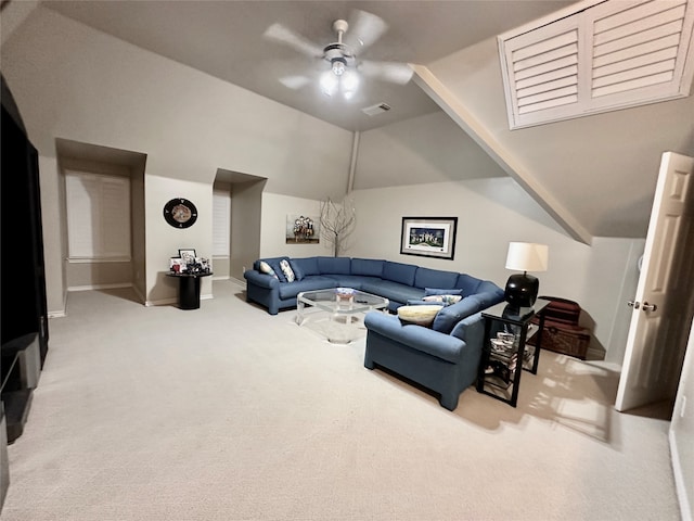 living room featuring vaulted ceiling, carpet flooring, and ceiling fan