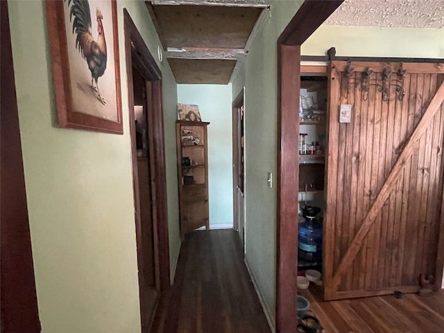 hallway featuring a barn door and dark hardwood / wood-style flooring