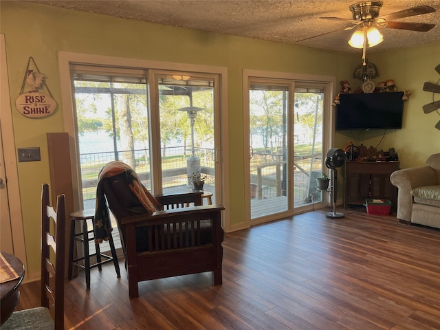 entryway featuring ceiling fan, dark hardwood / wood-style flooring, and a textured ceiling