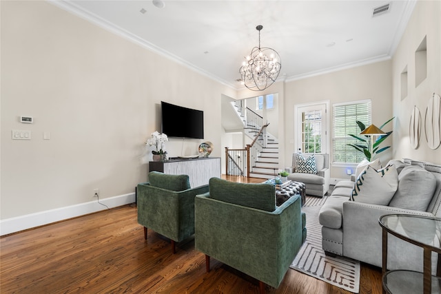 living room with a chandelier, crown molding, and dark hardwood / wood-style flooring