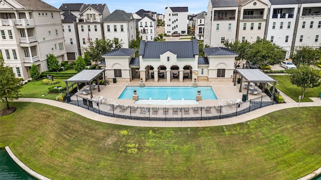 view of pool featuring a gazebo, a patio area, and a lawn