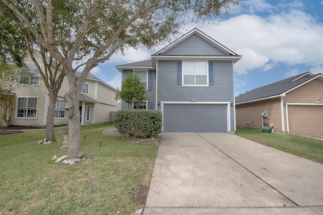 view of property with a garage and a front yard