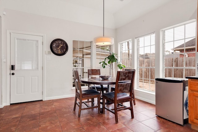 dining space featuring plenty of natural light and dark tile patterned floors