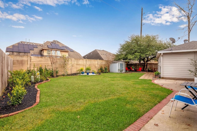 view of yard with a patio and a shed