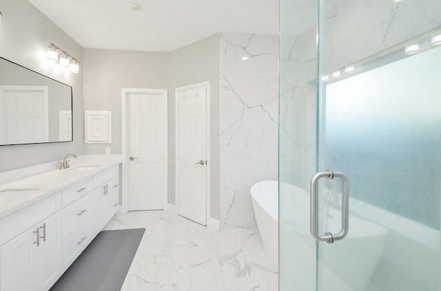 bathroom featuring vanity and plus walk in shower