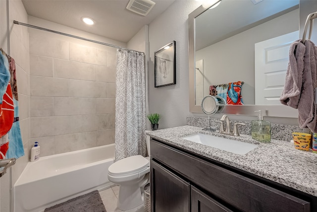 full bathroom with tile patterned floors, vanity, shower / bathtub combination with curtain, and toilet