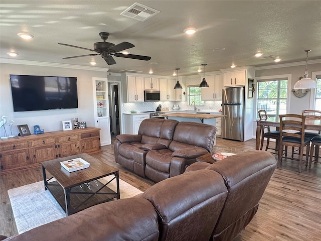 living room with crown molding, light wood-type flooring, and sink