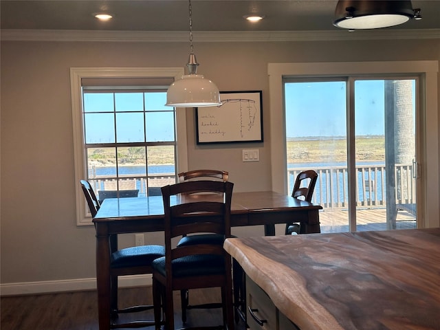 dining space with dark hardwood / wood-style floors, a healthy amount of sunlight, a water view, and crown molding