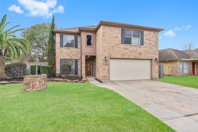 view of property with a garage and a front yard