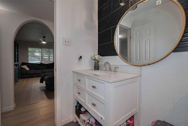 515 Cappamore St, Houston, TX 77013 - bathroom featuring a ceiling fan, wood finished floors, vanity, and a textured wall