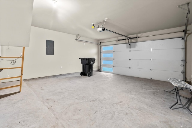 garage featuring electric panel and a garage door opener