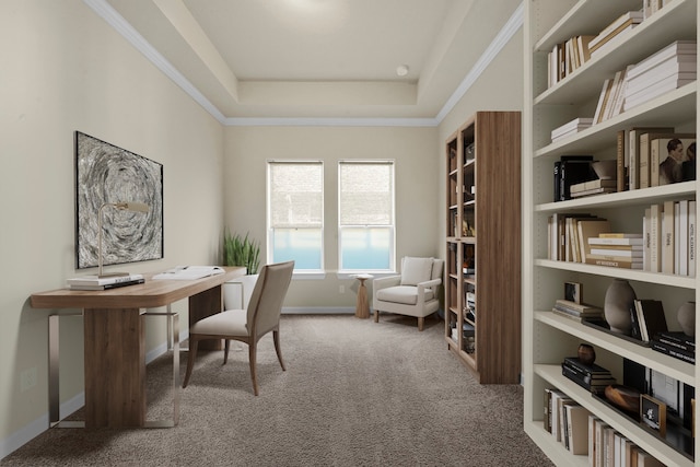 carpeted home office with ornamental molding and a raised ceiling