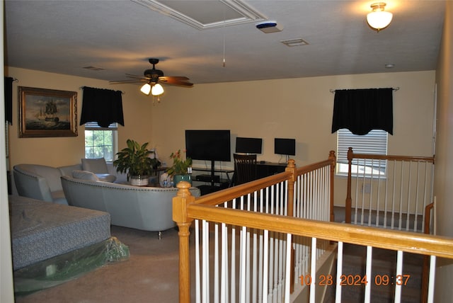 living room with carpet floors, a textured ceiling, and ceiling fan