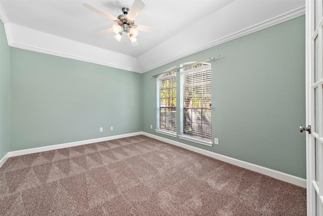 spare room with carpet flooring, ceiling fan, and lofted ceiling