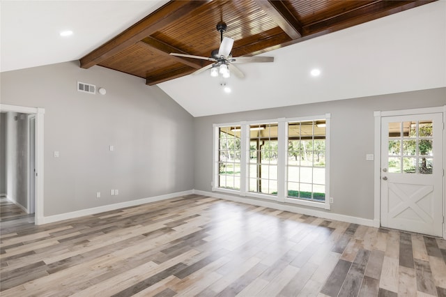 unfurnished living room featuring ceiling fan, beamed ceiling, a wealth of natural light, and light wood-type flooring