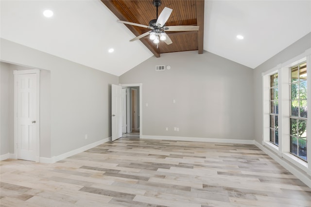 spare room featuring vaulted ceiling with beams, light hardwood / wood-style flooring, wood ceiling, and ceiling fan