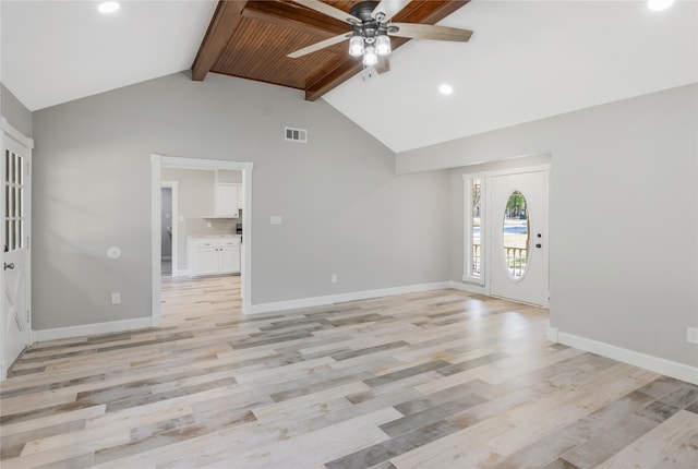 entrance foyer featuring beam ceiling, high vaulted ceiling, light wood-type flooring, and ceiling fan