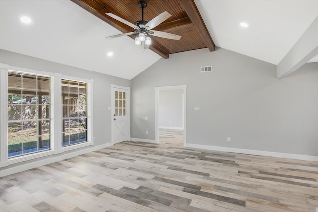 interior space featuring lofted ceiling with beams, light wood-type flooring, and ceiling fan