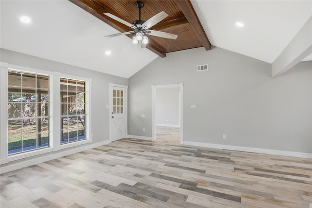 unfurnished room featuring visible vents, a ceiling fan, beam ceiling, and light wood-type flooring