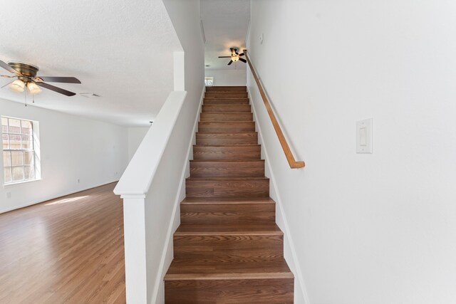 staircase with wood-type flooring, a textured ceiling, and ceiling fan