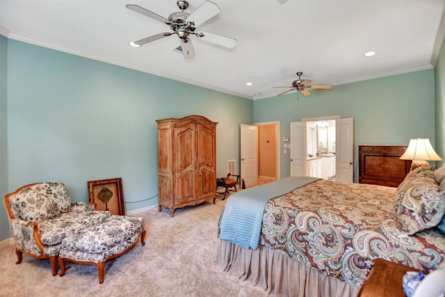 bedroom with ceiling fan, crown molding, and light colored carpet