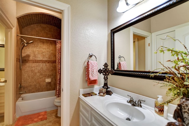 full bathroom featuring vanity, tile patterned flooring, toilet, and shower / bathtub combination with curtain