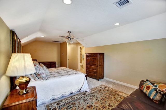 carpeted bedroom with lofted ceiling and ceiling fan