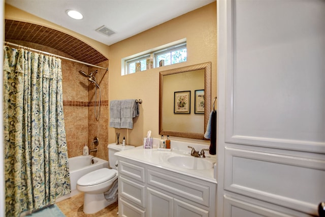 full bathroom with vanity, tile patterned floors, toilet, and shower / bathtub combination with curtain