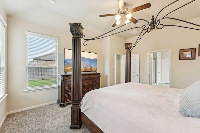 bedroom with light carpet, ceiling fan, and multiple windows