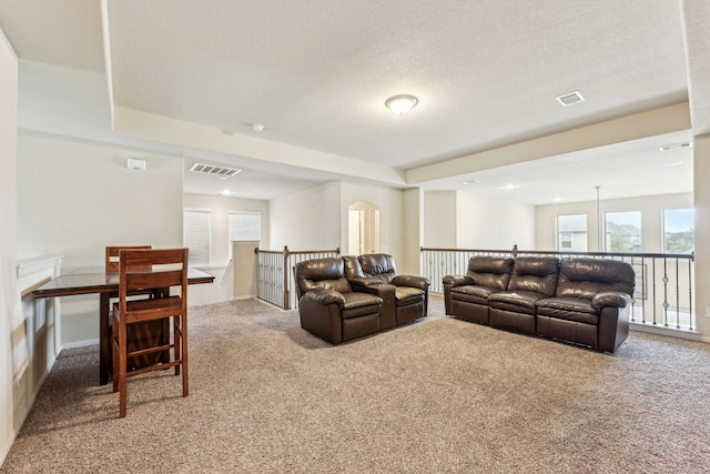 carpeted living room featuring a textured ceiling