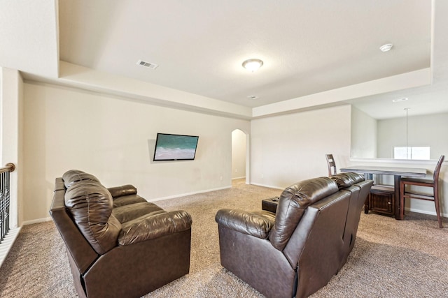 living room with a raised ceiling and carpet flooring