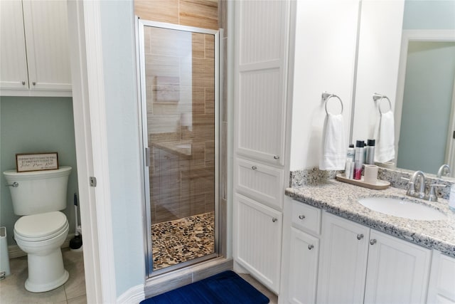 full bathroom featuring tile patterned floors, a shower stall, vanity, and toilet